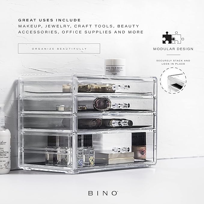 BINO THE MANHATTAN SERIES Acrylic Makeup Drawer Organizer- 4 Drawers | Clear Beauty Organizers and Storage| Cosmetic & Drawer
