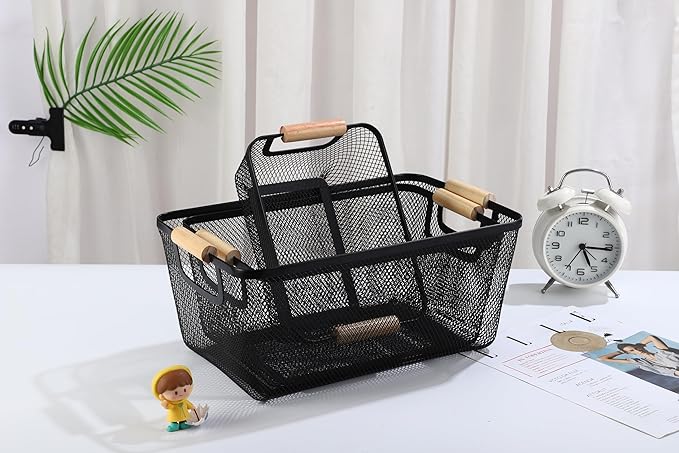 AJIODA Metal Mesh Steel Basket, Small Wire Storage Organizer Basket Multi-function Hanging Kitchen Basket with Wood Handle fo