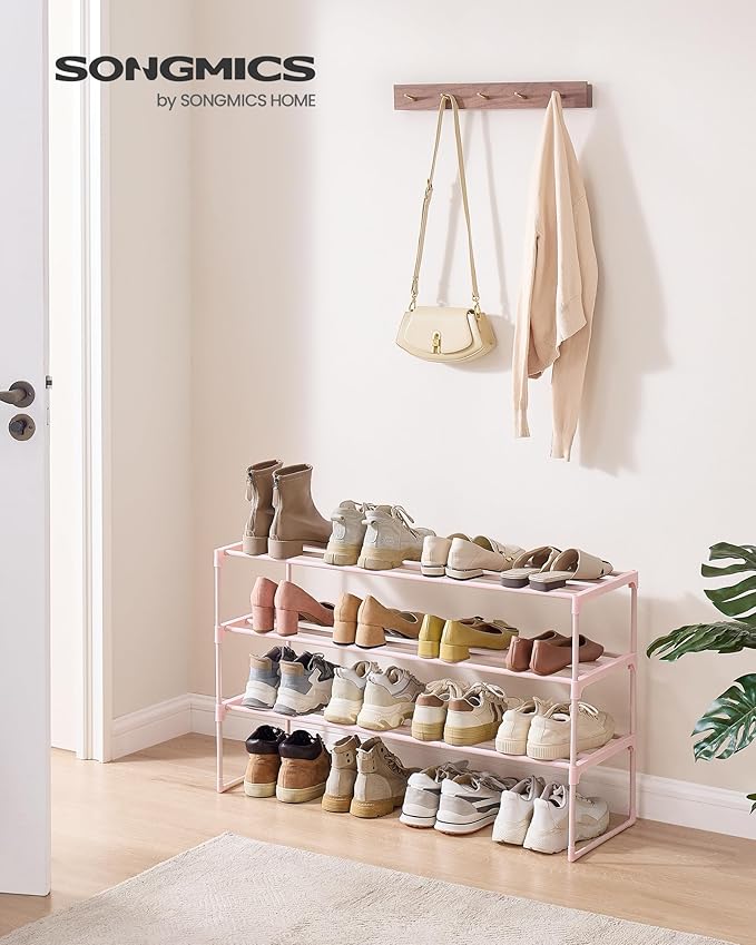 SONGMICS Shoe Rack, 3-Tier Shoe Organizer, Metal Storage Shelf, Upright or Upside Down, for 16-20 Pairs, Stackable, for Entry