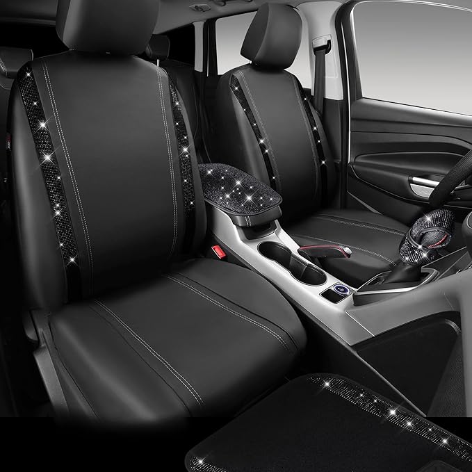 CAR PASS 23 PCS Bling Diamond Car Accessories Set for Women, Leather Seat Covers Full Set Floor Mats Steering Wheel Cover, Coasters Seat Belt Covers Phone Holder Universal Fit Car SUV Truck Van Black