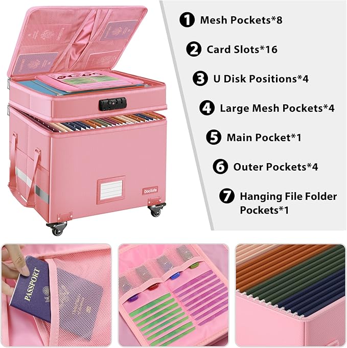 DocSafe File Box with Lock,2-Layer Fireproof Document Box with Wheels,Collapsible Rolling File Storage Organizer with Pockets