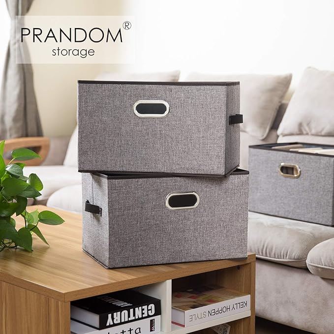 PRANDOM Larger Collapsible Storage Bins for Closet [3-pack] Decorative Linen Fabric Storage Baskets Cubes with Leather/Metal 