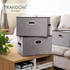 PRANDOM Larger Collapsible Storage Bins for Closet [3-pack] Decorative Linen Fabric Storage Baskets Cubes with Leather/Metal 