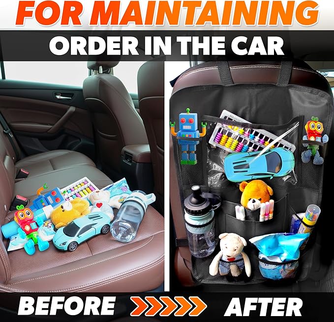 2 Pcs Backseat Car Organizer - Universal 23.4x16" Back Seat Car Organizer with 9 Large Pockets & Clear Tablet Holder, Made of Reliable Polyester with Long and Strong Straps - Easy to Attach & Clean