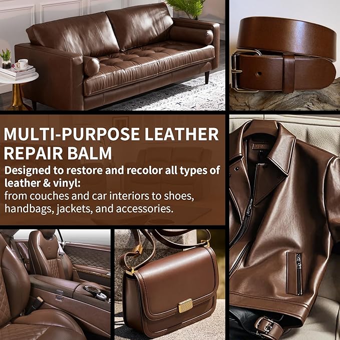 Leather Recoloring Balm and Scratch Repair Kit, Medium Brown Leather Restorer for Couches, Furniture, Car Seats, Leather Pain