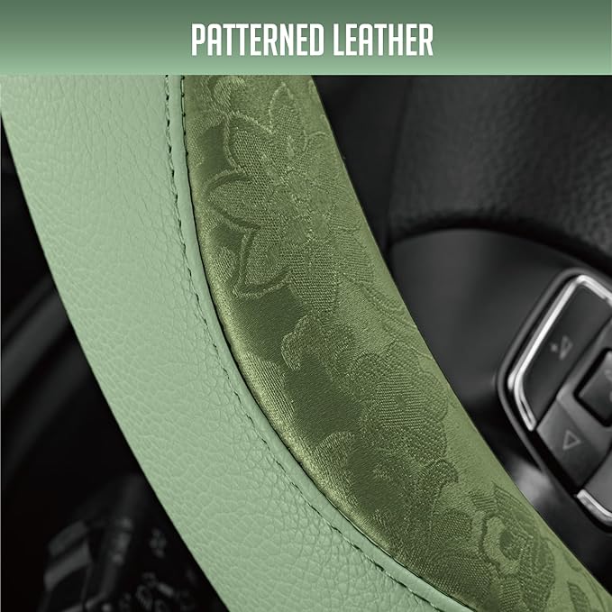 PIC AUTO Steering Wheel Cover, Green Patterned Leather Patchwork Design, Universal Fit 14.5"–15.5", Anti-Slip, Odor-Free, Sof