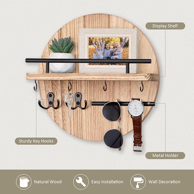 Nekon Key Holder Wall Mount, 11.8 Inch Key Rack with Shelf and 6 Key Hooks, Rustic Key and Mail Organizer, Circular Wooden Ke