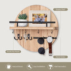 Nekon Key Holder Wall Mount, 11.8 Inch Key Rack with Shelf and 6 Key Hooks, Rustic Key and Mail Organizer, Circular Wooden Ke