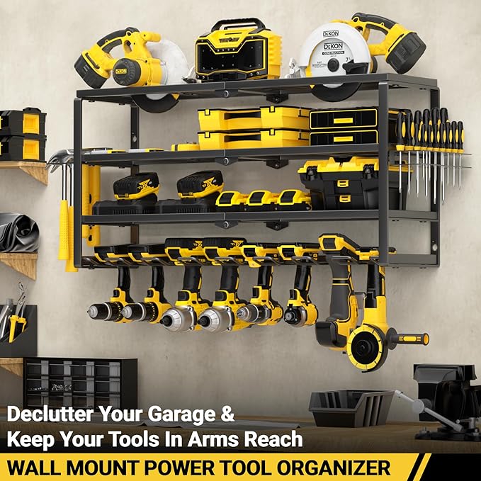 YYR 4 Layer Power Tool Organizer Wall Mount, Cordless Drill Hanger Storage Rack, Battery Tools Holder with Charging Station S