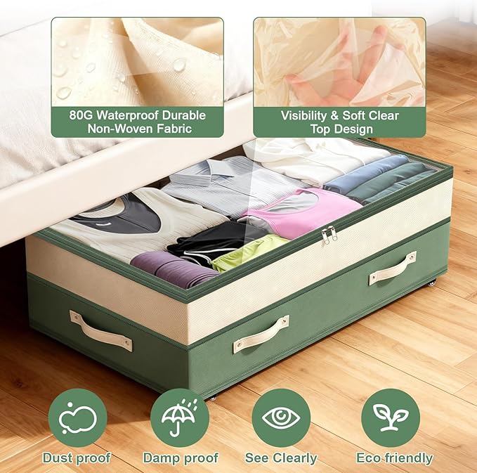 Dolicer 2 Pack Under Bed Storage with Wheels, 6in-10in Height Adjustable Underbed Storage Containers, 92L XXXL Under Bed Draw