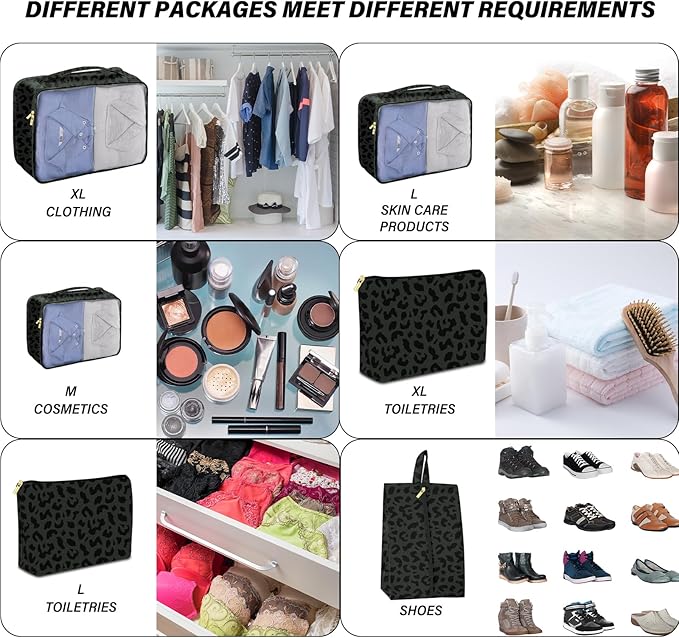 7 Set Packing Cubes Travel Luggage Organizers for Suitcase Travel Accessories with Shoe Bag for Women Girls Aesthetic Cute-Bl