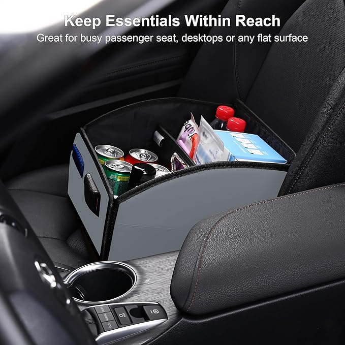 Car Storage Organizer [2025 UPDATED] Leather Car Caddy Basket for Front Seat Floor Back Seats Metal Handle 6 Compartments Adj