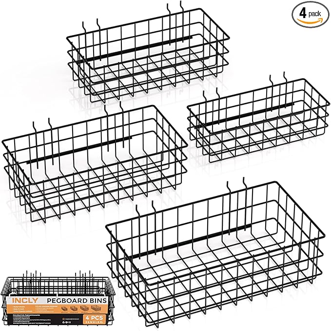 INCLY 4 Pack Pegboard Baskets Bins Set, 4 Size Square Style Black Metal Wire Basket for Any Peg Board Organizing Tools, Pegbo