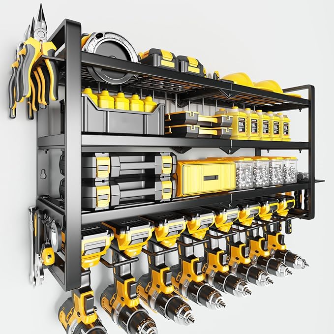 Power Tool Organizer Wall Mount - 400Lbs Load 4 Layers Storage Rack with 8 Drill Holders for Drills Cordless Tools. Heavy Dut