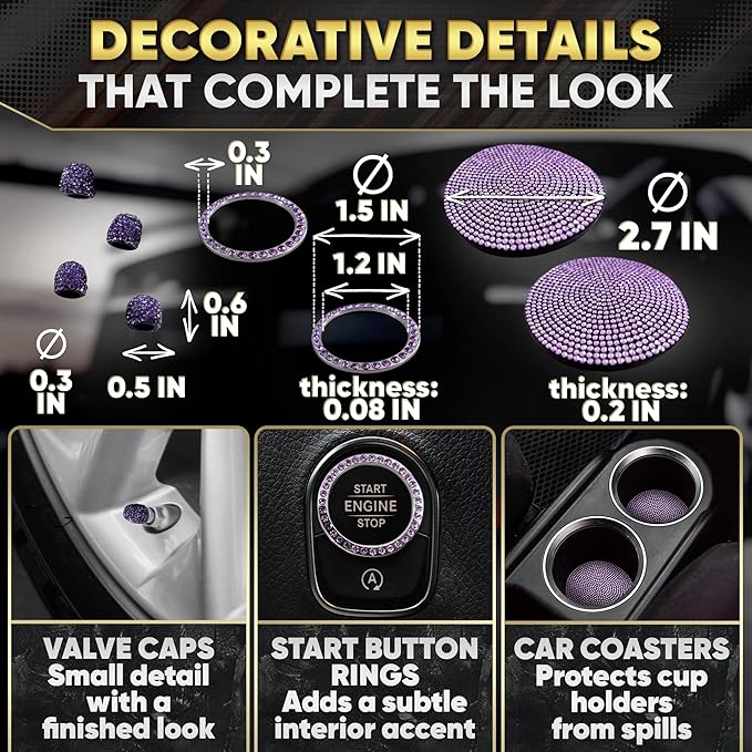 Purple Car Accessories Set, 27 Pieces – Bling Car Accessories for Women, Steering Wheel Cover, Rearview Mirror, Air Vent, Dashboard and Console Rhinestone Decor - Universal Fit Interior Styling Kit