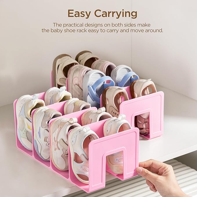 HBlife Pink Acrylic Kids Shoe Rack for Closet Organizers and Storage, Small Shoe Rack 4 Sections Toddler Baby Shoe Storage Or
