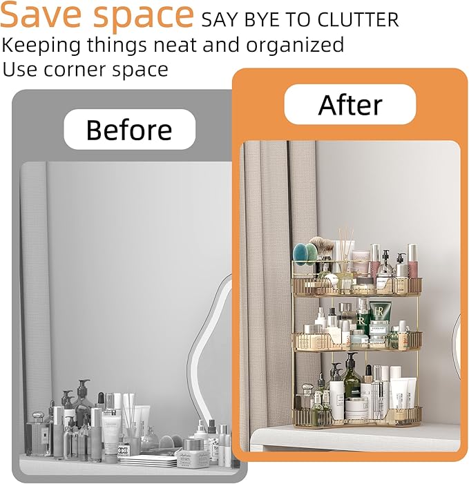 Corner Bathroom Counter Organizer with Top Toothbrush Holders, 3-Tier Make Up Organizers for Vanity with Brush Holder, Corner
