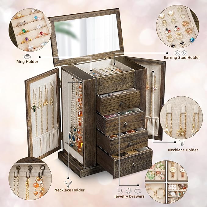 Emfogo Jewelry Box for Women, 5 Layer Large Wood Jewelry Boxes & Organizers for Necklaces Earrings Rings Bracelets, Rustic Je