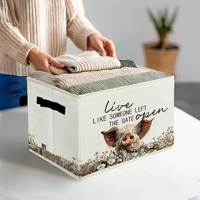 Rustic Pig Storage Bins & Boxes with Handles, Farmhouse Pig Foldable Basket for Organizing, Live Like Someone Left the Gate O