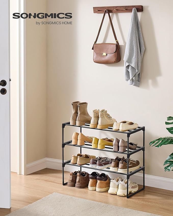 SONGMICS Shoe Rack, 3-Tier Shoe Organizer, Metal Storage Shelf, Upright or Upside Down, for 8-12 Pairs, Stackable, for Entryw