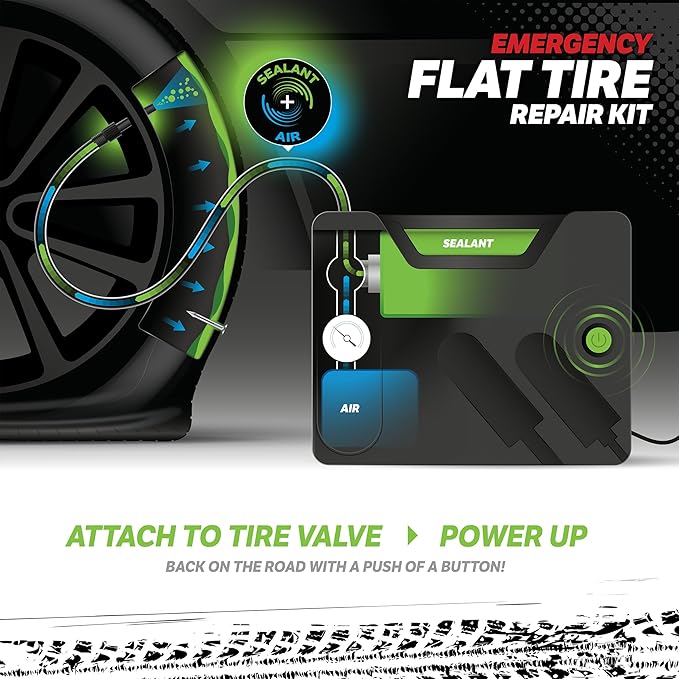 Slime 50139 Flat Tire Puncture Emergency Kit, Includes Sealant and Tire Inflator Pump, Analog, Suitable for Cars and Other Highway Vehicles, 10 Min Fix