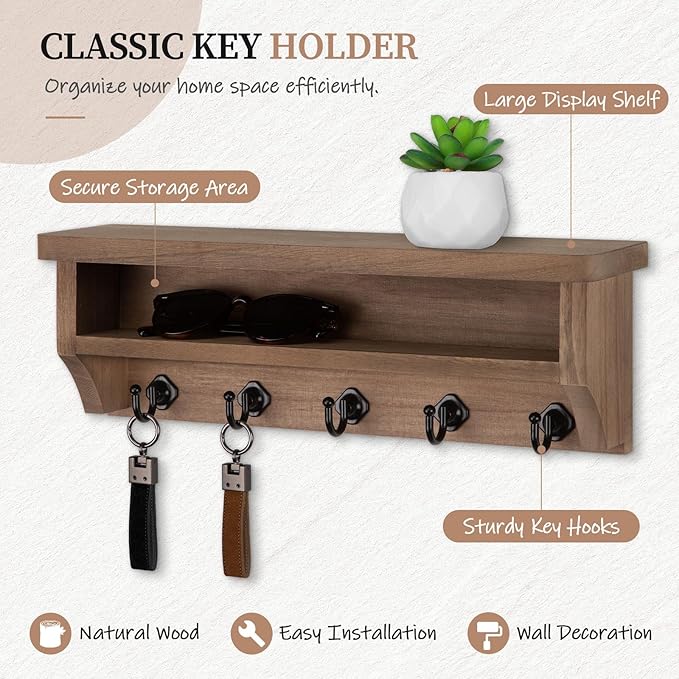Nekon Key Holder Wall Mount, Wall Organizer Shelf with 5 Key Hooks, Room Decor for Home and Apartment Essentials, Brown