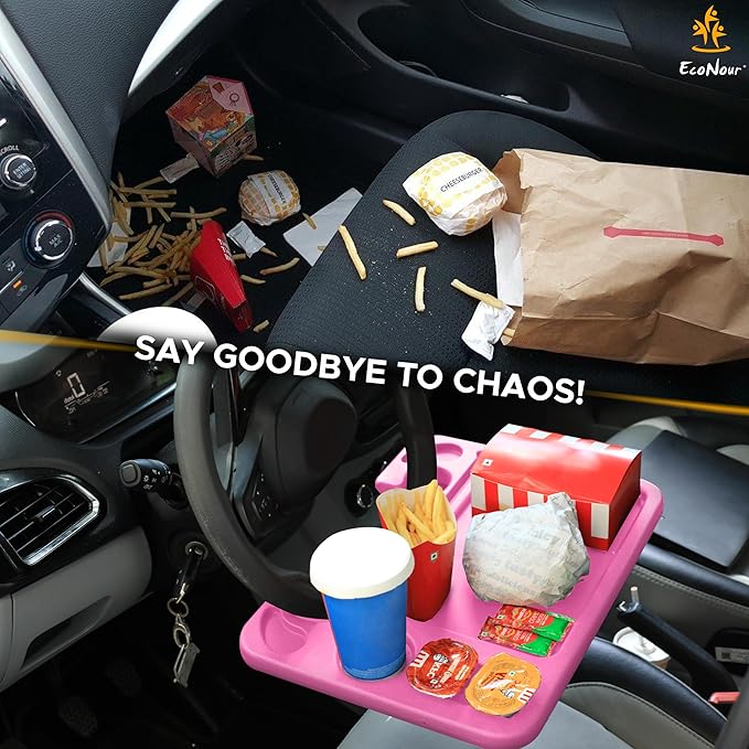 EcoNour 4 in 1 Car Steering Wheel Tray - 2024 Upgraded Pink Tray with Dual Sauce Dip Holder and Tablet Holder | Spacious Steering Wheel Desk for Food and Laptop | Car Accessories (Large)