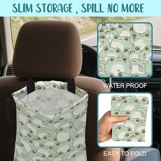 Car Garbage Bag Cute Frog Kiddie Hanging Canvas Car Trash Bag Waterproof Drawstring Car Back Seat Organizer for Car Back Front Seat Console with Adjustable Buckle