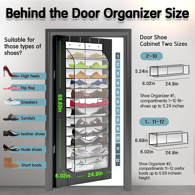 Kotkn Over The Door Shoe Organizer with 12 Large Breathable Pockets - Durable Hanging Storage for the Entire Family's Shoes (