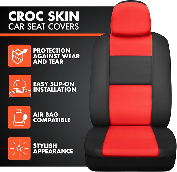 BDK Croc Skin Faux Leather Car Seat Covers, Full Set Red – Universal Fit Design, Airbag Compatible, Front and Back Seat Cover
