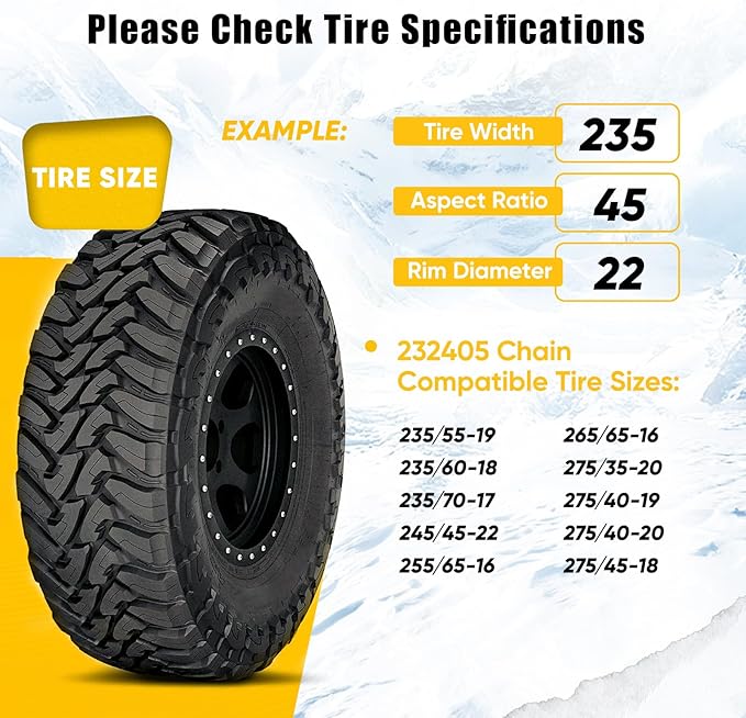 232405 Adjustable Snow Tire Chains for Light Truck, SUV, Cars, Pickups, 2 Pack Anti-slip Snow Chains for Pickup Trucks Winter