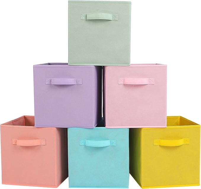 Stero Fabric Storage Bins 6 Pack Fun Colored Durable Storage Cubes with Handles Foldable Cube Baskets for Home, Kids Room, Cl