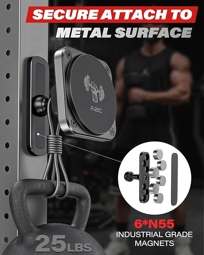 A2C Magnetic Phone Holder for Gym, Aluminum Alloy Base Attach to Metal & Non-Metal Surfaces, Gym Phone Mount for MagSafe iPhone 12-17 Series, Ideal Gym Essentials for Workouts Recording