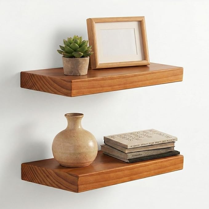 Floating Shelves for Wall 16 Inch Solid Real Wood Shelves Set of 2 Rustic Farmhouse Wall Mounted Wood Shelf for Bedroom Livin