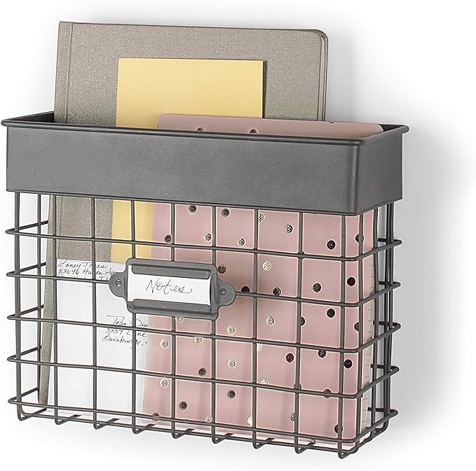 Spectrum Mail Sorter Organizer Wall Mount, Vintage Wall Basket, Office Entryway Mail Holder for Letters Bills Catalogs Files,