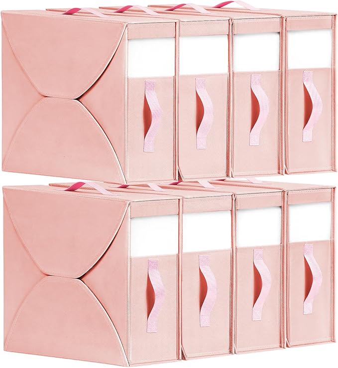 DIMJ Bed Sheet Organizers and Storage 8 Pack, Pink Foldable Sheet Organizer for Linen Closet, Bedding Folder Storage Box with