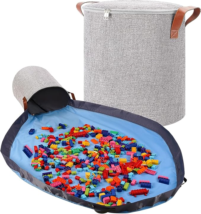 SAM AND MABEL XXL Toy Storage Organizer with Play Mat – 15" x 15" x 16" Storage Bin for Kids Playroom, Foldable Fabric Bag an