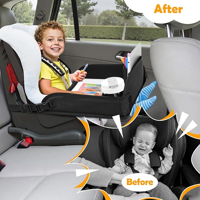 2Pcs Kids Travel Tray for Toddler Carseat, Road Trip Activities Essentials for Toddler, Kids Lap Desk Tray with Tablet Holder Stand ＆ Dry Erase Board (Black-2Pcs)