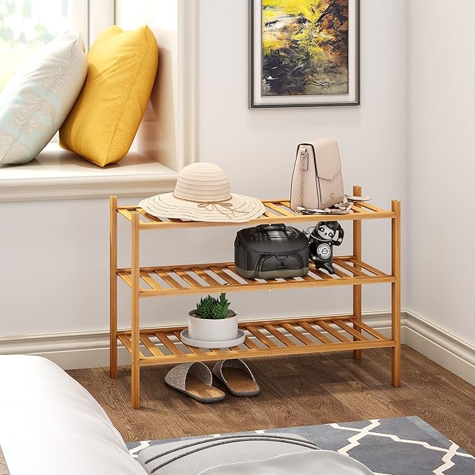 BMOSU 3-Tier Bamboo Shoe Rack Premium Stackable Shoe Shelf Storage Organizer for Hallway Closet Living Room Entryway Organize