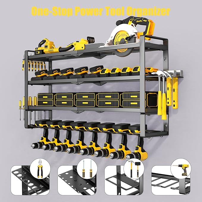MOOMSINE Large Power Tool Organizer Wall Mount, 4-Tier Heavy Duty Metal Storage Rack Loads 400lbs, Battery Tools Hanger with 