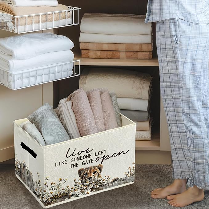 Rustic Cheetah Storage Bins & Boxes with Handles, Farmhouse Leopard Foldable Basket for Organizing, Live Like Someone Left th