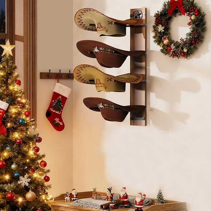 Hat Holder Rustic Wood Star Design – 2-Piece Organizer with Extra Wide Wooden Boards (12cm / 4.72"), 4-Hook Cowboy Hat Rack f