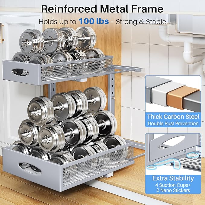 Under Sink Organizer, 2 Pack 2 Tier Pull Out Under Cabinet Organizer Shelf with Pad for Framed Cabinets, Metal Slide Out Unde