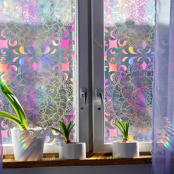 Niviy Boho Chic Decor Rainbow Window Film, Stained Glass Window Film Glass Decals Static Cling Stickers, Windows Tint for Home Bathroom (16.93 x 39.37inch)