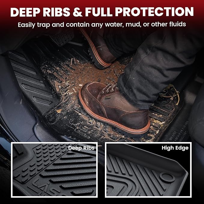 LASFIT Floor Mats for Rivian R1T 2025 2026, All Weather Floor Liner TPE Custom Fit Car Mats for Rivian R1T 1st & 2nd Row Rubber Mats, Black,Tasteless, Durable and Easy to Clean