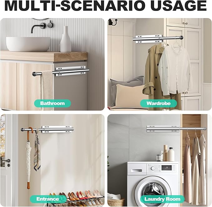 2 Pack Valet Rod for Closet Retractable, 13.4"-23.2" Pull Out Clothes Hanger Rail, Heavy Duty Alloy Steel Side Mount Wardrobe