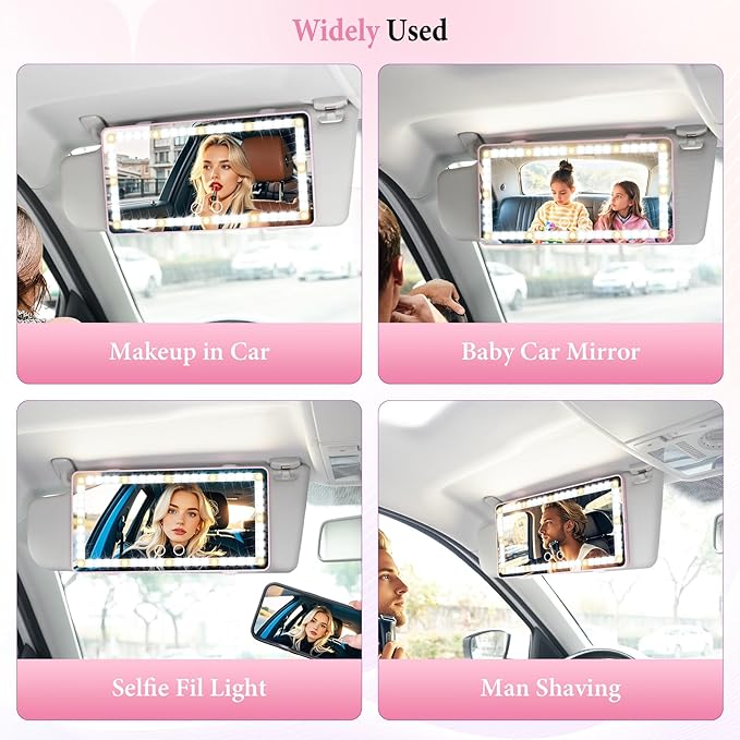 SINGARO 2PCS Car Sun Visor Vanity Mirror - Rechargeable Makeup Mirror with 60 LEDs, 3 Light Modes & Dimmable Touch Control for Cars, Trucks, SUVs, Car Interior Accessories for Women (Pink)