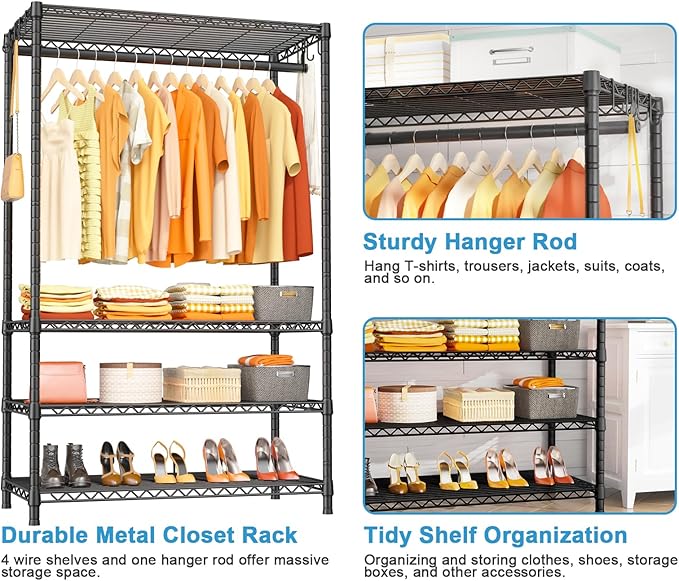 Ulif H4 Plus Portable Closets, 4-Tier Clothes Garment Rack for Bedroom and Cloakroom, Metal Clothing Storage and Organizer Wa