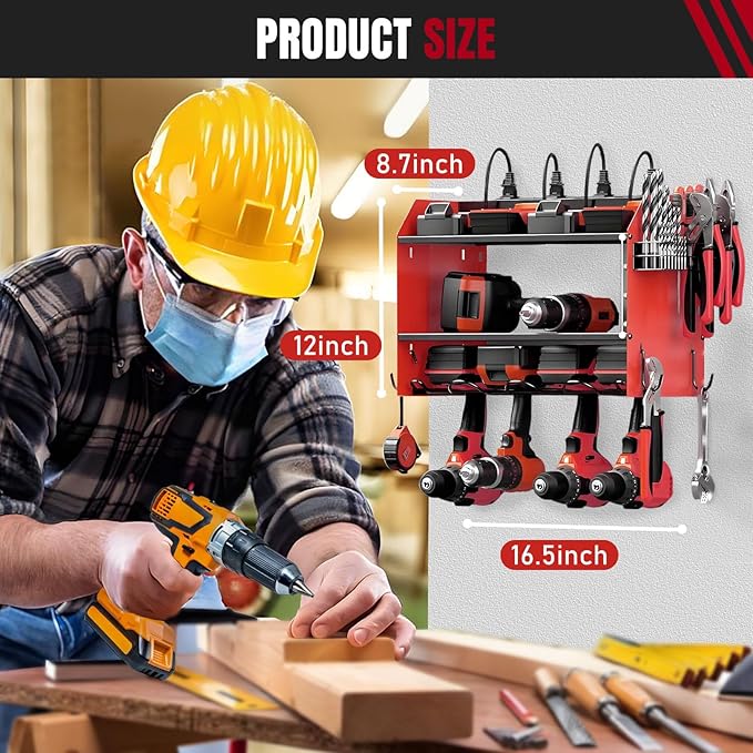 Modular Power Tool Organizer Wall Mount with Charging Station, 3-Layer Heavy Duty Drill Holder Rack & 8-Outlet Power Strip fo