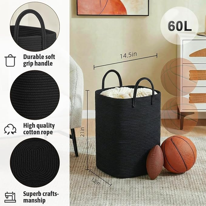 Artfeel Laundry Basket,Woven Cotton Rope Laundry Hamper,60L Versatile Storage for Dirty Clothes,Baby Toys,and Blankets in Bat